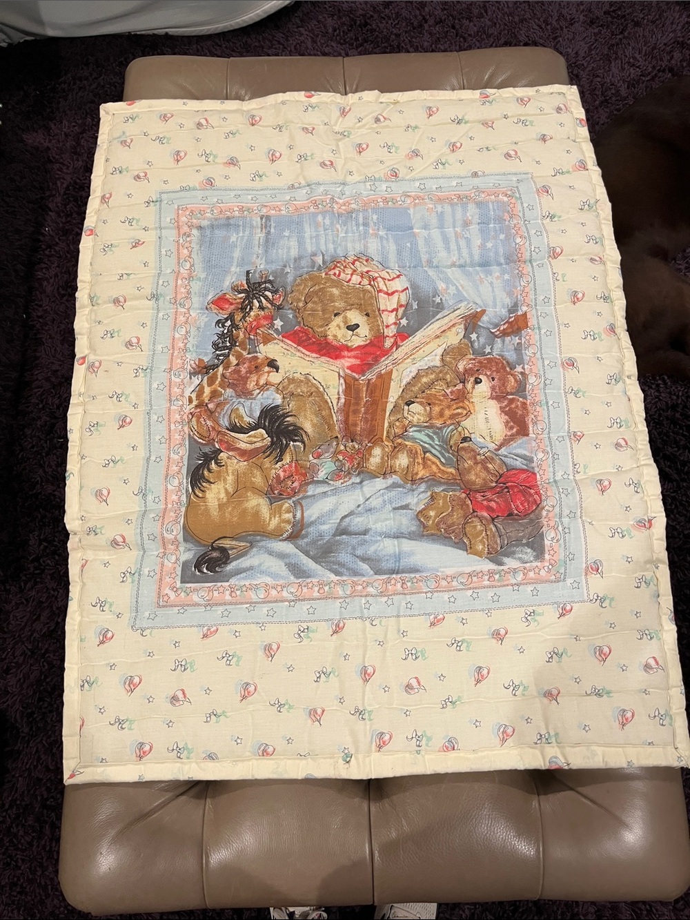 once upon a Time Teddy Bear Story Quilted Baby Blanket - Cream, Blue, Red